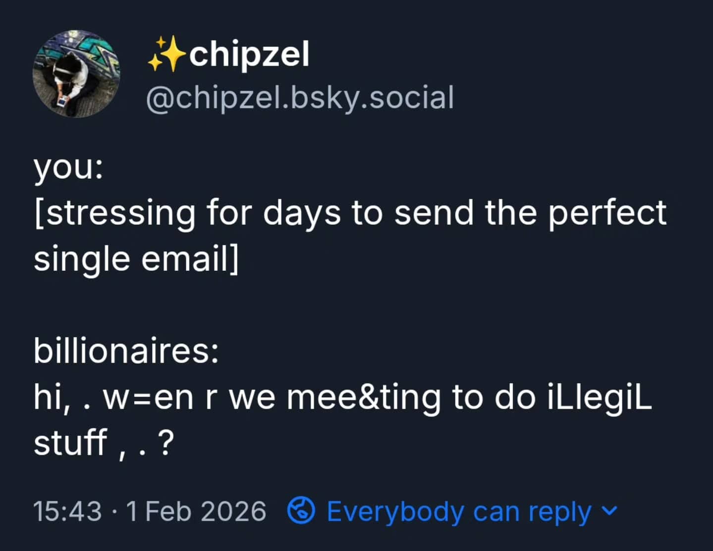A tweet comparing the stress of normal emails to the chaotic typing style of billionaires.