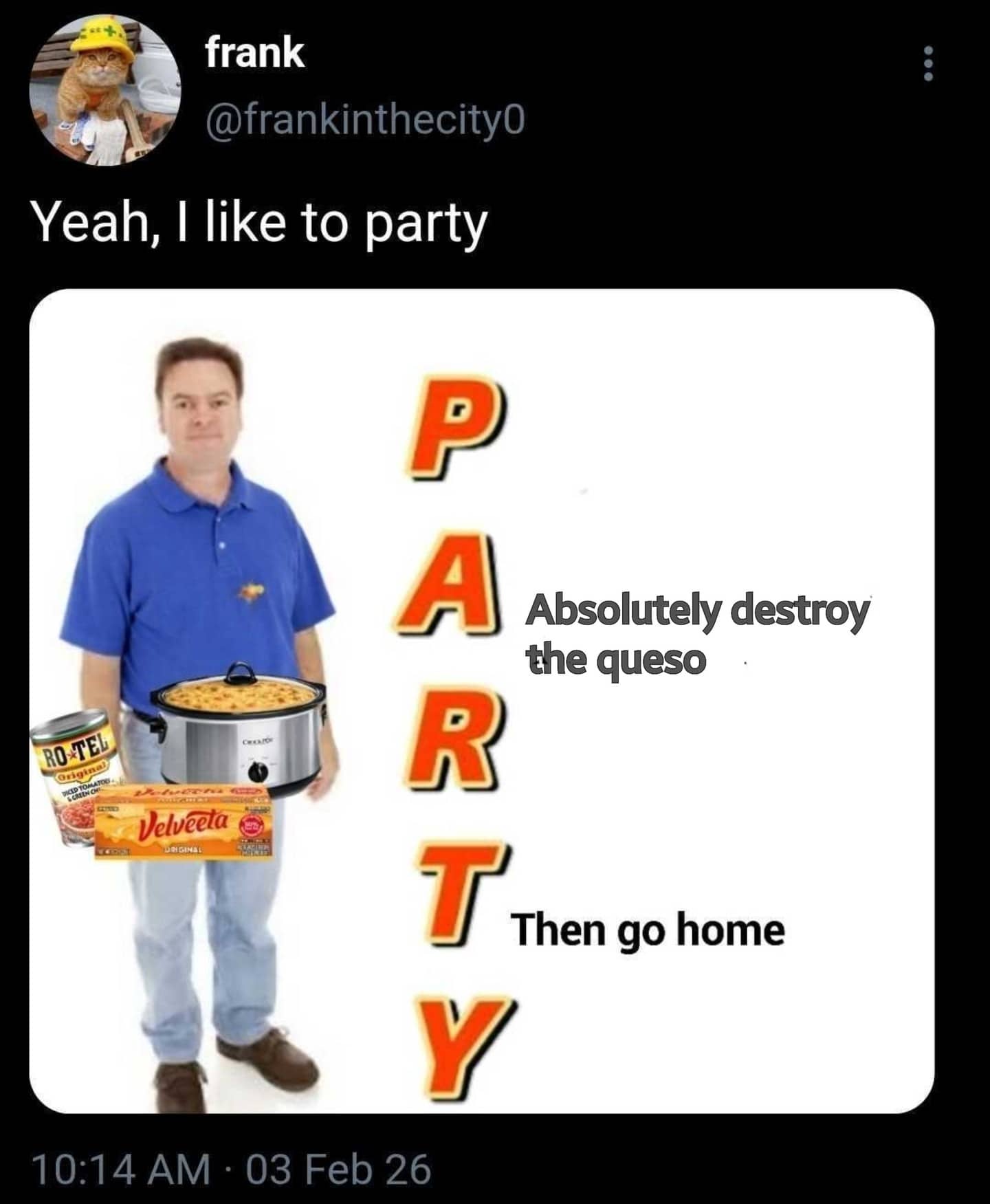 Funny acronym meme for "PARTY" featuring a man with a slow cooker and Velveeta cheese.