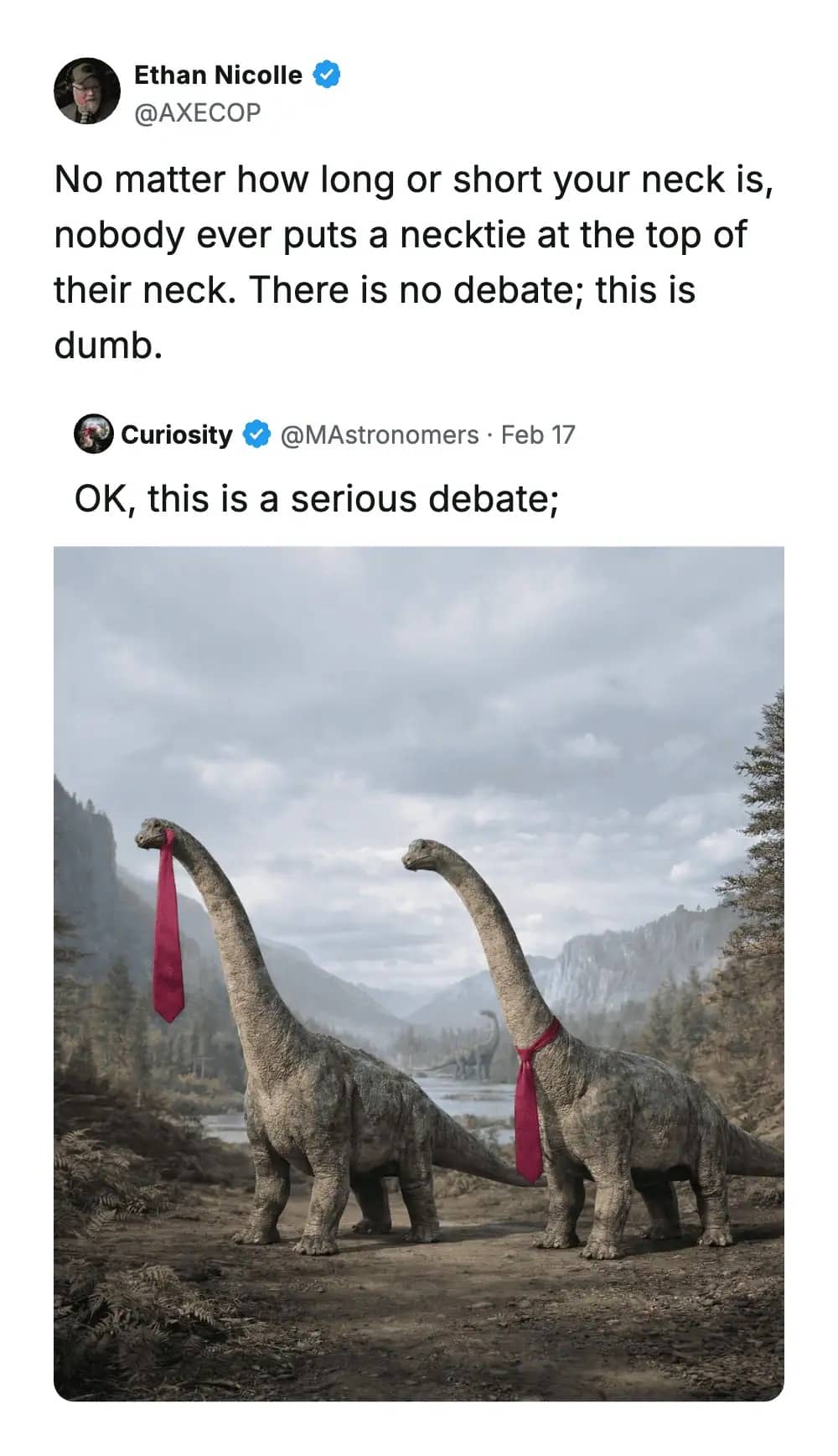 A funny meme debating whether a dinosaur would wear a necktie at the top or bottom.