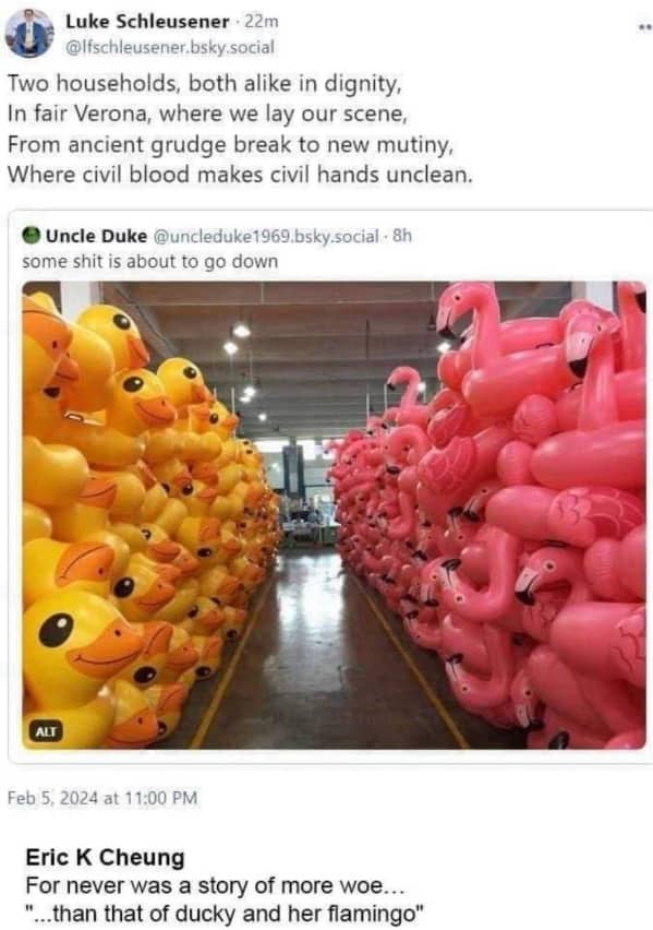 Humorous post comparing a warehouse of rubber ducks and pink flamingos to a Shakespearean scene.