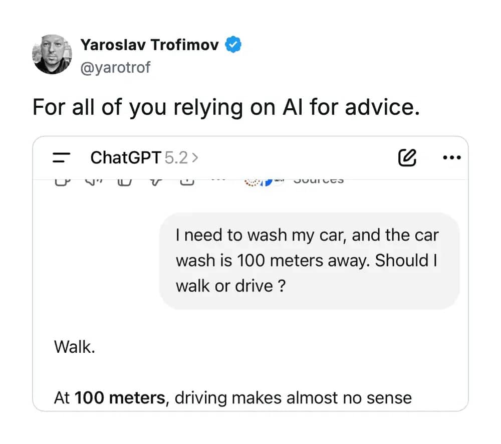 A funny screenshot of a ChatGPT conversation giving impractical advice about walking a car to the wash.