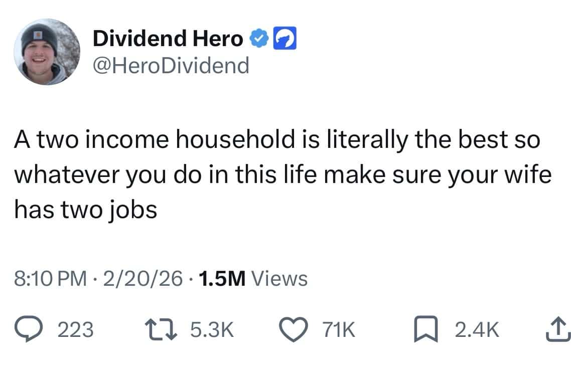 Humorous tweet suggesting a two-income household is best when the wife has two separate jobs.