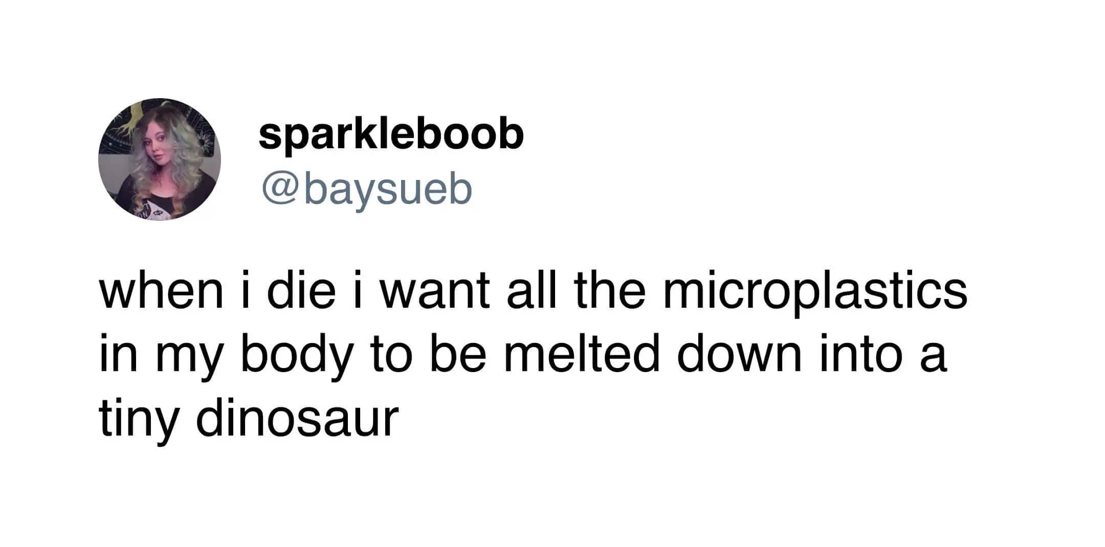 Funny tweet about wanting body microplastics melted down into a tiny toy dinosaur after death.