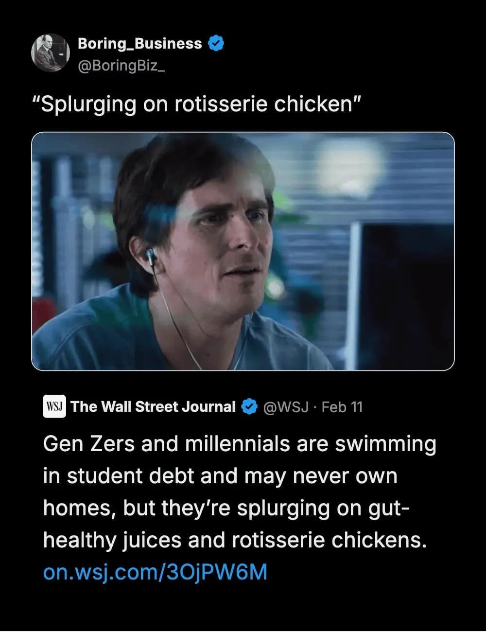 Reaction meme featuring Christian Bale from The Big Short responding to Wall Street Journal rotisserie chicken headline.