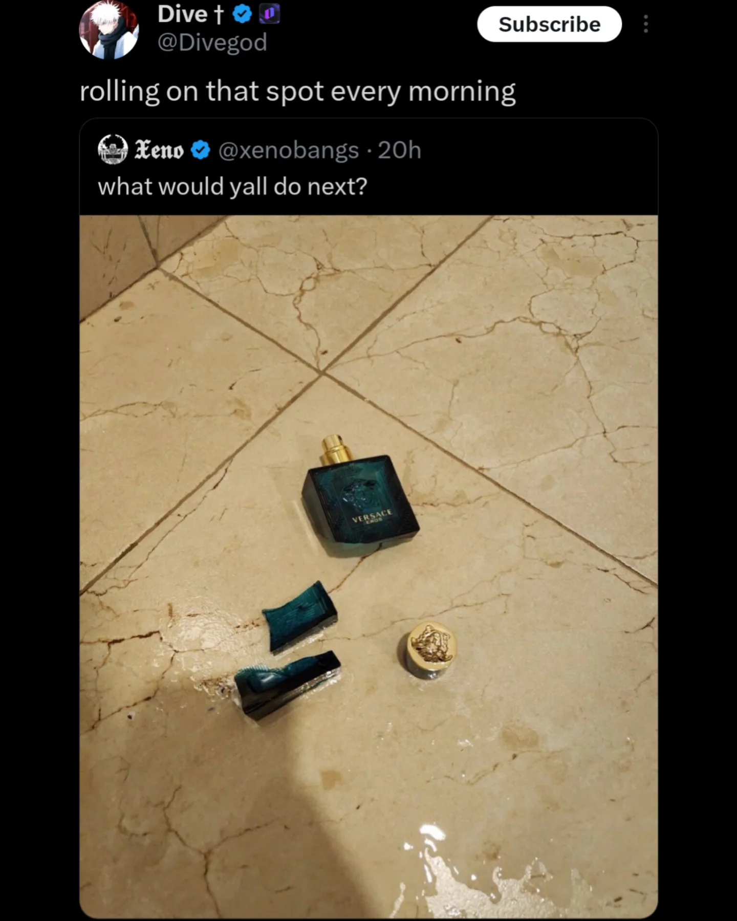 Broken Versace Eros cologne bottle on a bathroom floor with a joke about rolling in it.