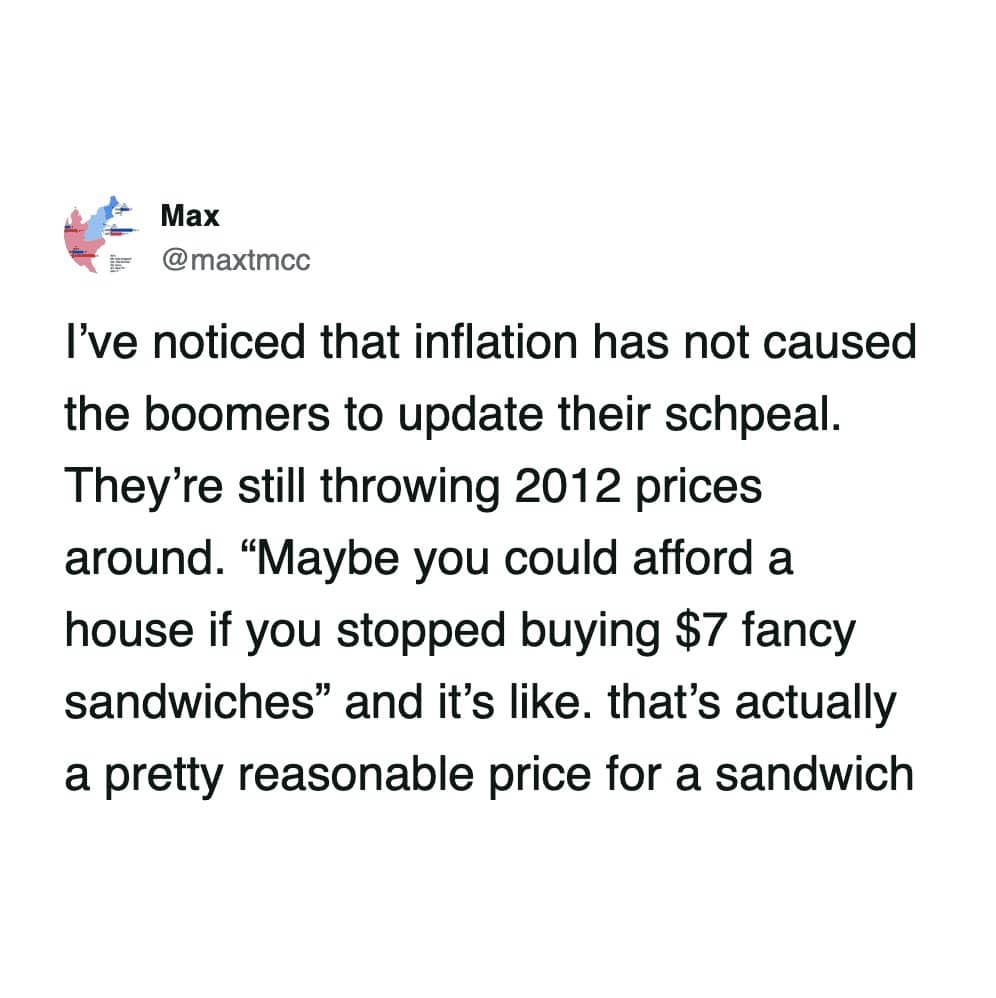 A social media post discussing how older generations use outdated 2012 prices to criticize modern spending.