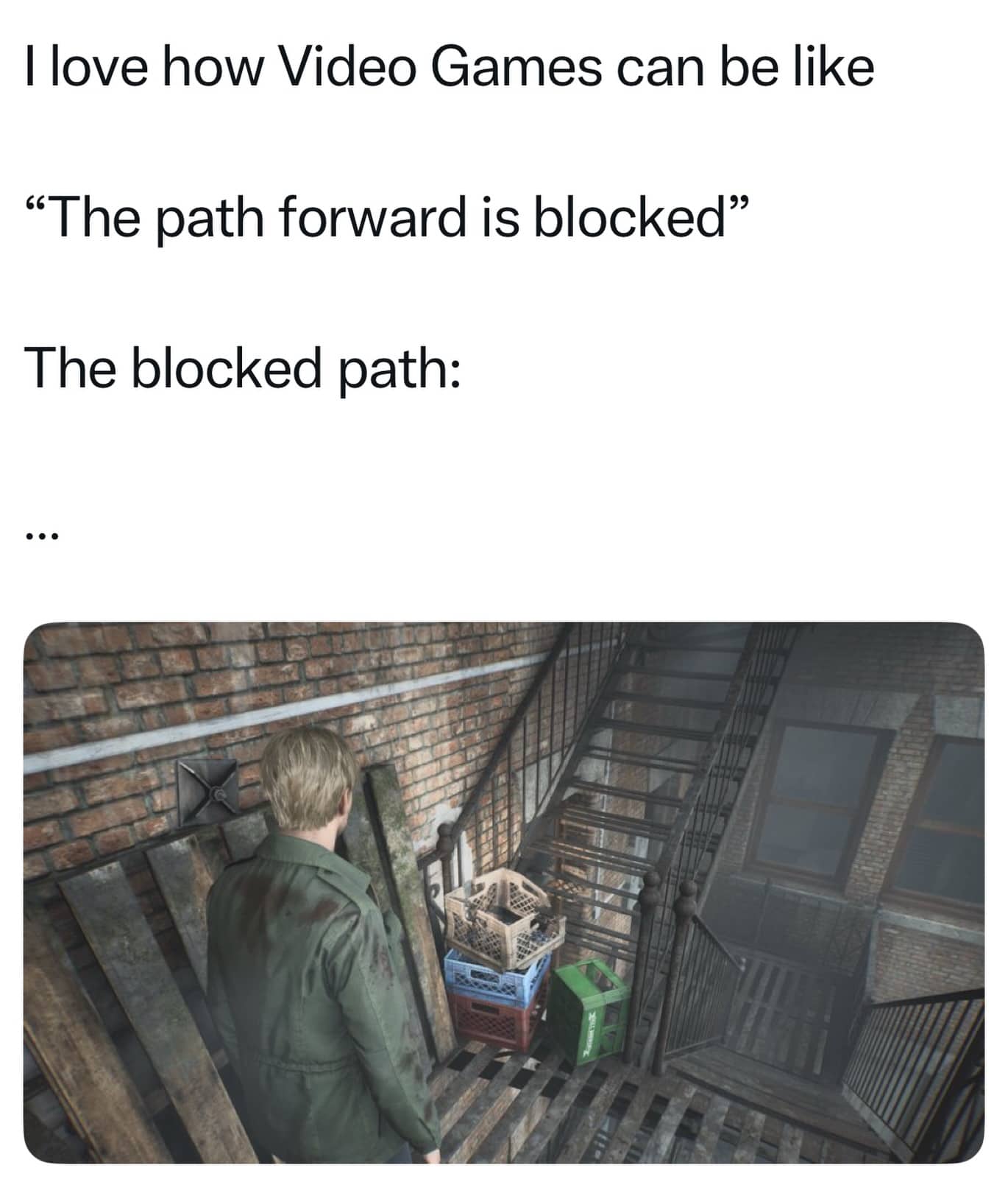 Video game character standing before a staircase blocked only by a few small plastic crates.