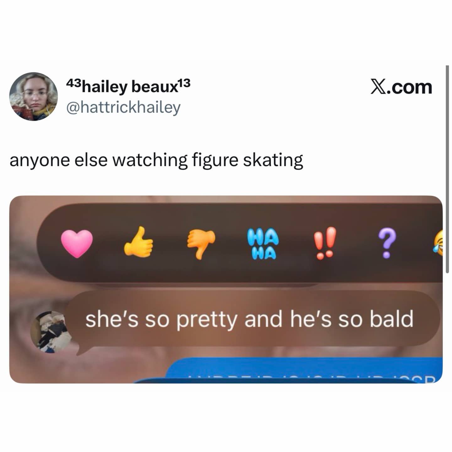 Screenshot of a funny text message reaction to figure skating about a pretty girl and bald man.
