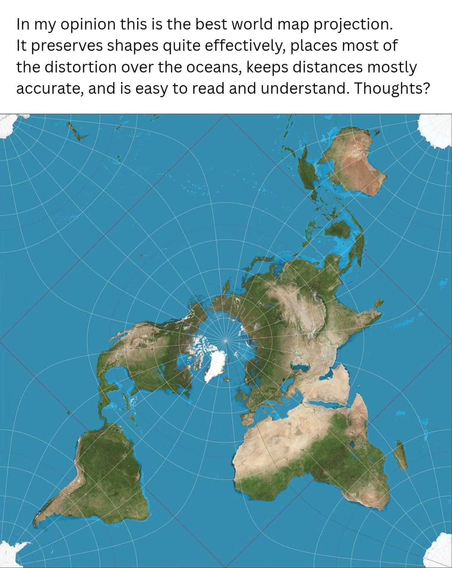 A non-traditional world map projection focusing on the Arctic with a humorous claim of accuracy.