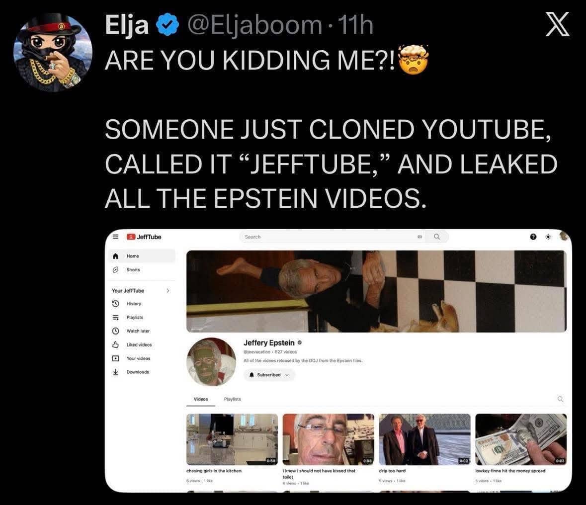 Satirical post about a fake YouTube clone called JeffTube containing leaked Jeffery Epstein videos.