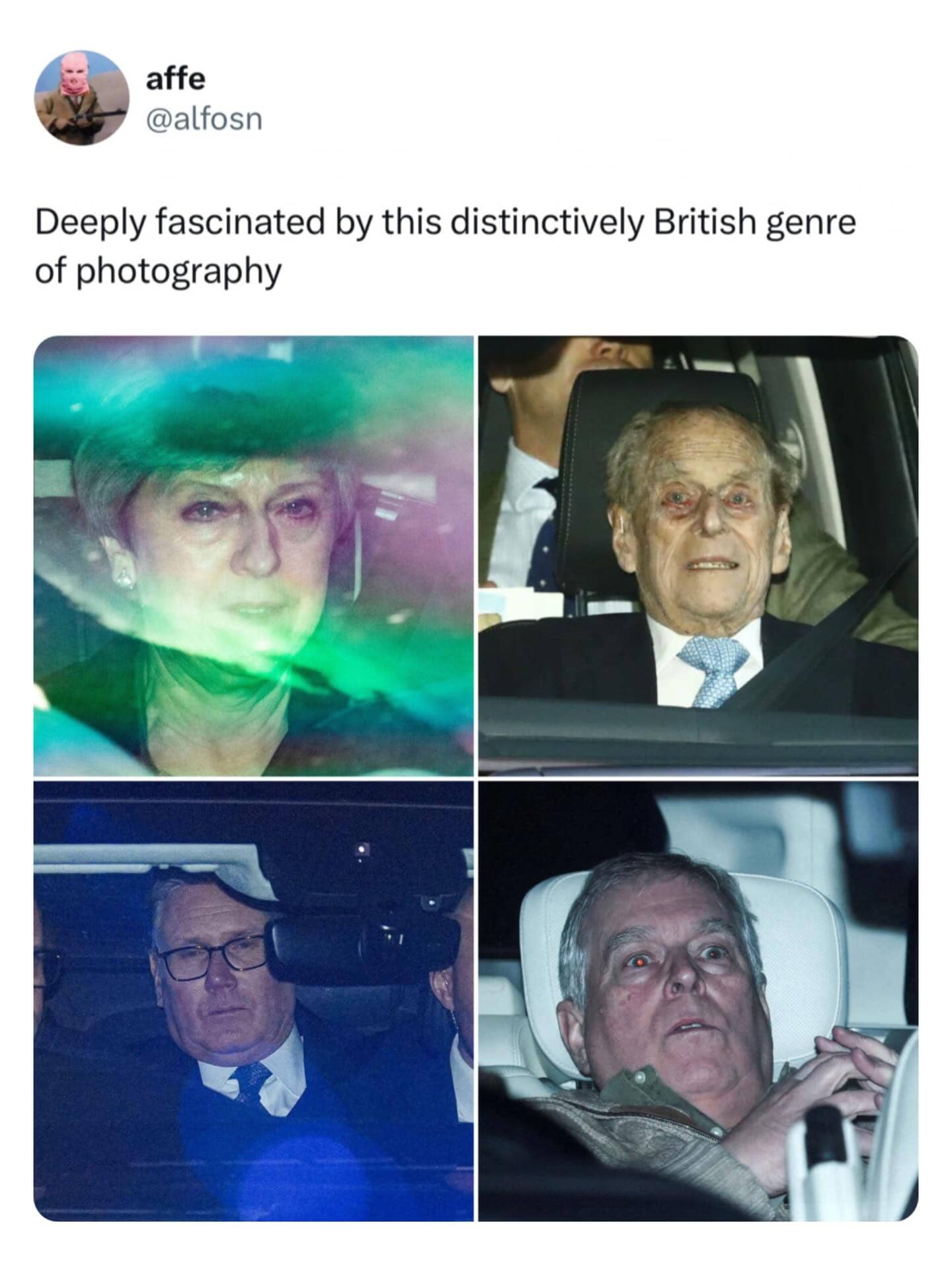 Collage of unflattering paparazzi photos of British public figures in the back of cars.