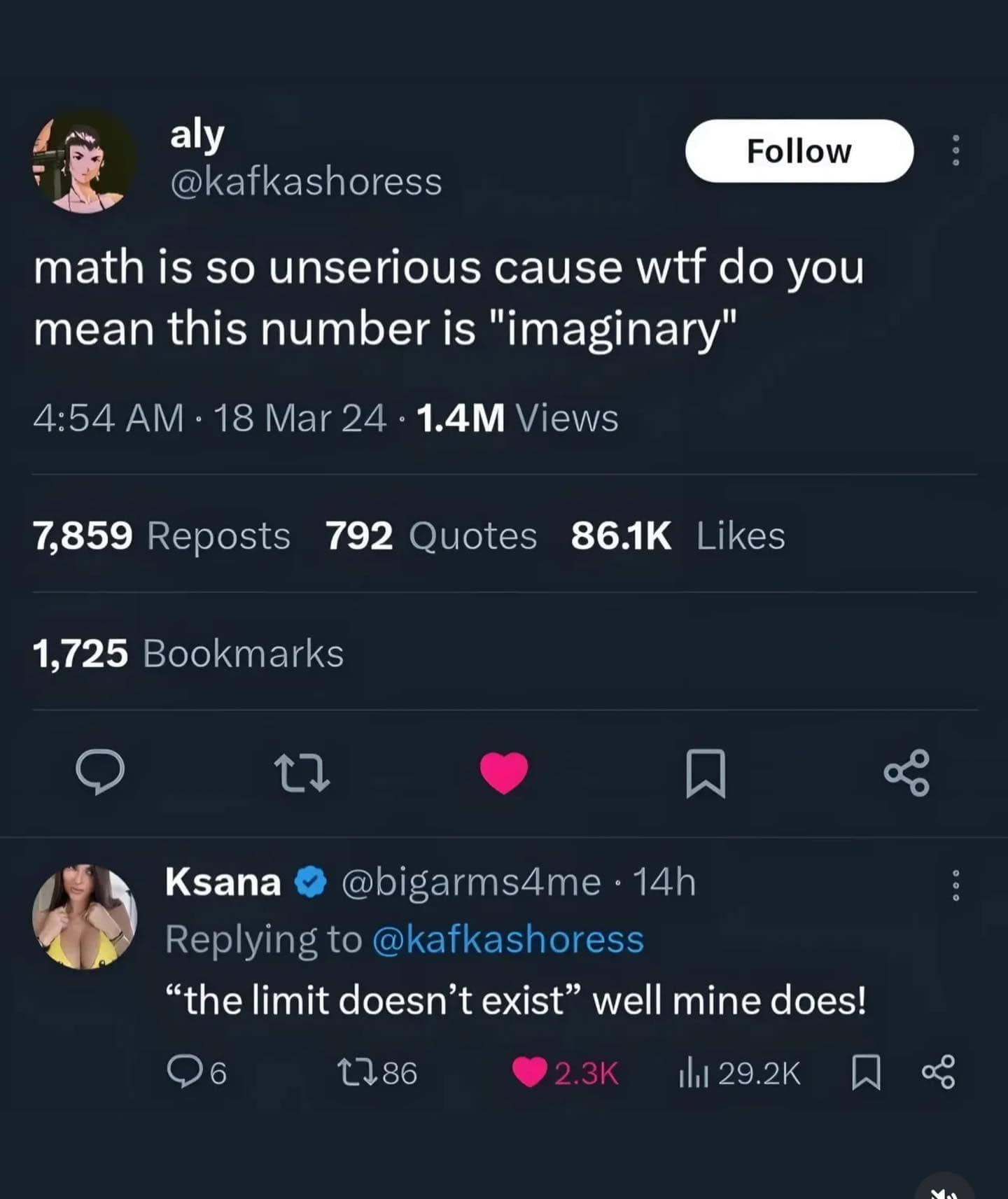Screenshot of a social media debate about the absurdity of imaginary numbers and limits in mathematics.