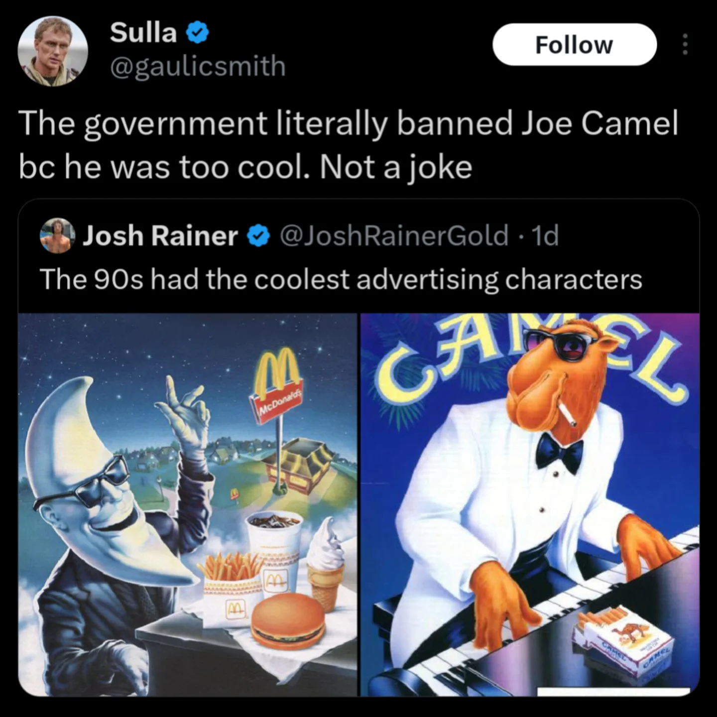 Retro advertising characters Mac Tonight and Joe Camel playing pianos side-by-side.