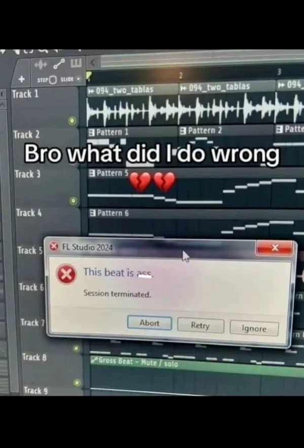 A computer screen showing a music production error message stating that the current beat is bad.