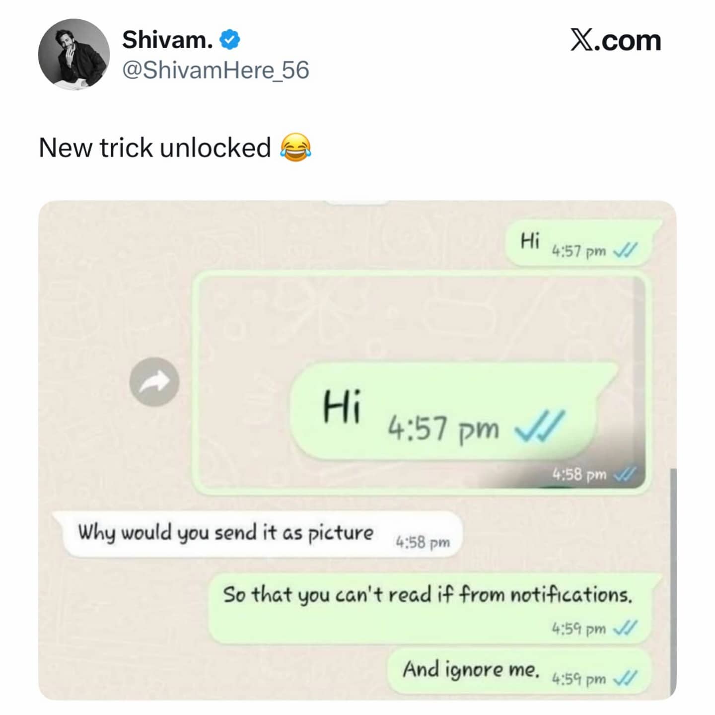 WhatsApp chat showing a trick where messages are sent as images to prevent notification reading.
