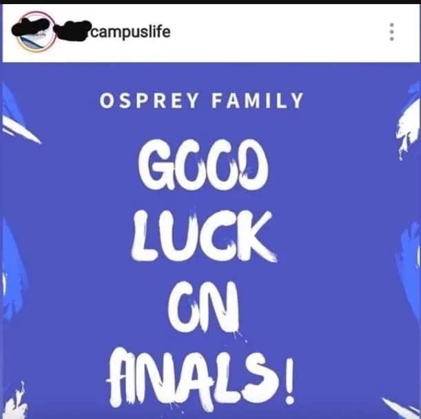 A campus life sign with a dynamic font that accidentally makes finals look like a different, inappropriate word.