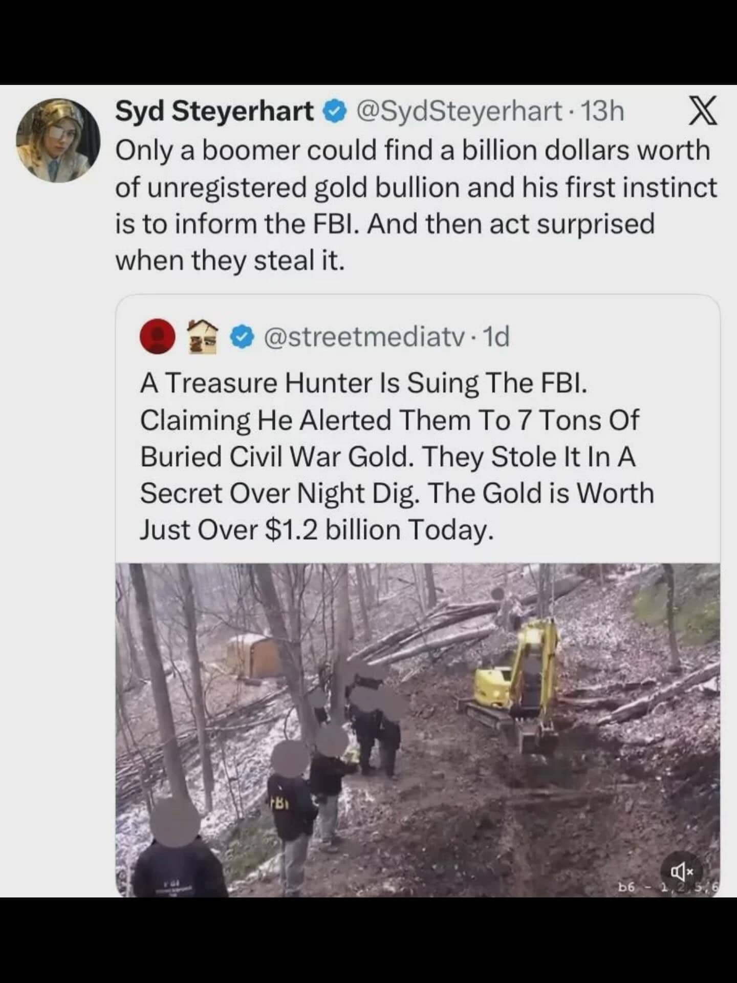 A tweet criticizing a treasure hunter for reporting buried gold bullion to the FBI.