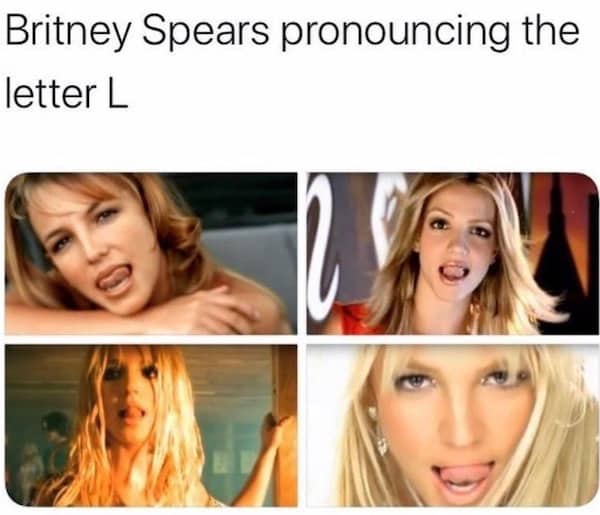Four-panel collage of Britney Spears making specific facial expressions while singing in her music videos.
