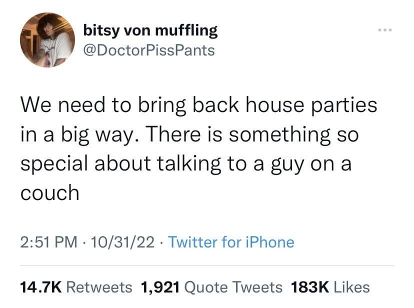 Social media post expressing nostalgia for the unique experience of talking to guys at house parties.