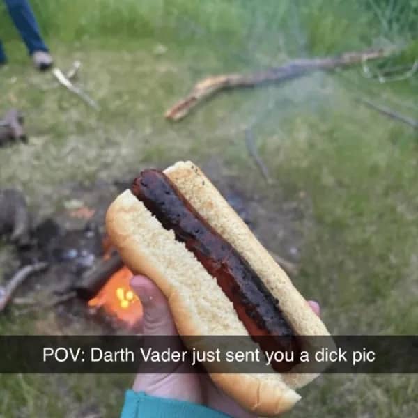 Burnt hot dog on a bun with a POV joke about receiving a Star Wars photo.