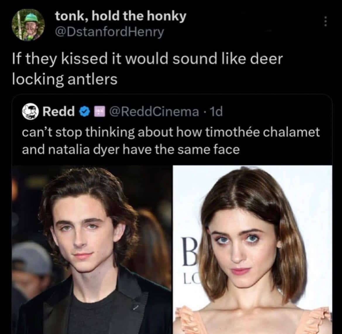Comparison photos of Timothée Chalamet and Natalia Dyer showing they have the same facial structure.