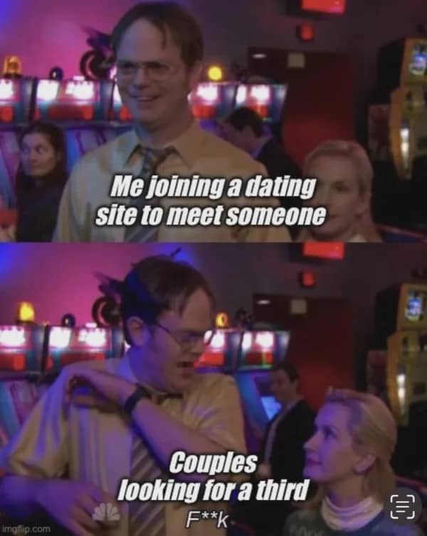 The Office meme of Dwight Schrute running away from a couple looking for a third.
