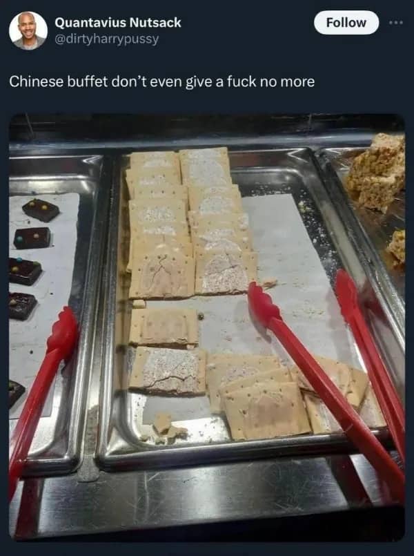 A tray of frosted Pop-Tarts served with tongs at a Chinese buffet dessert station.