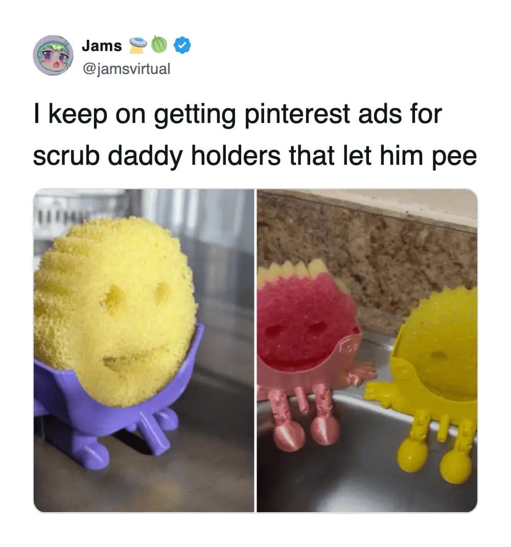 Funny tweet about Scrub Daddy sponge holders designed to look like they are urinating.