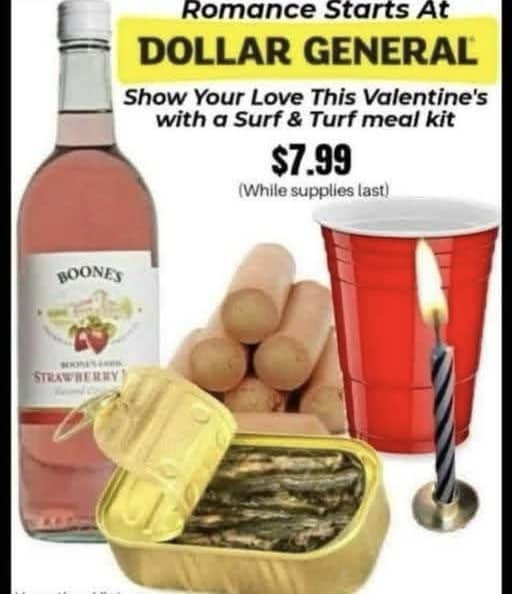 Funny Dollar General Valentine's Day surf and turf meal kit featuring sardines and hot dogs.
