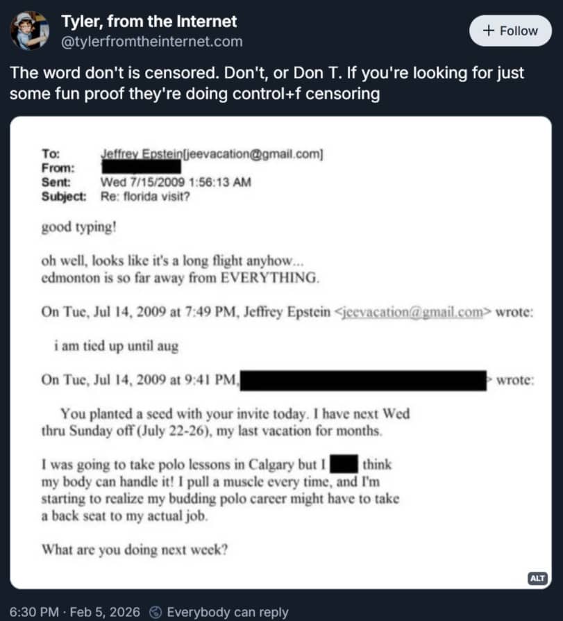 Social media post showing an email to Jeffrey Epstein with the word don’t censored twice.