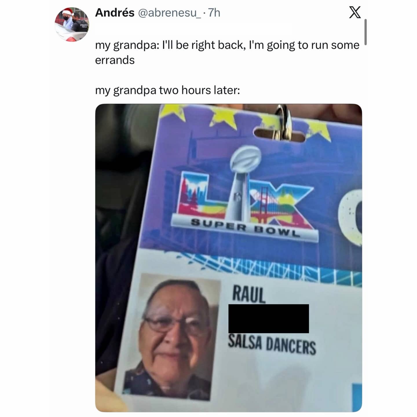 Funny picture of a grandpa’s Super Bowl LIX credential for "Salsa Dancers."
