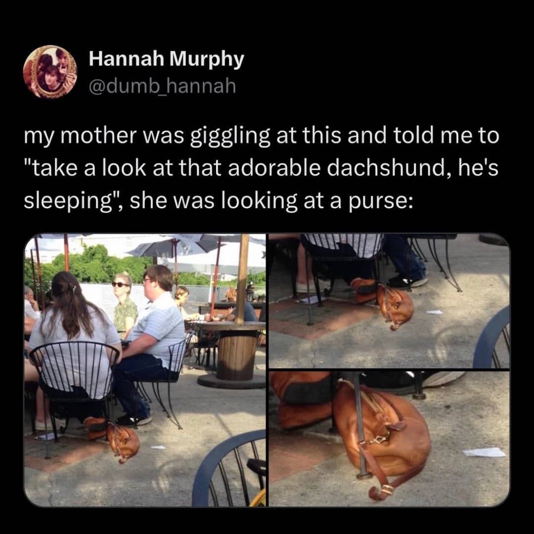 Three panels showing an outdoor restaurant where a brown leather purse on the ground looks like a dachshund.