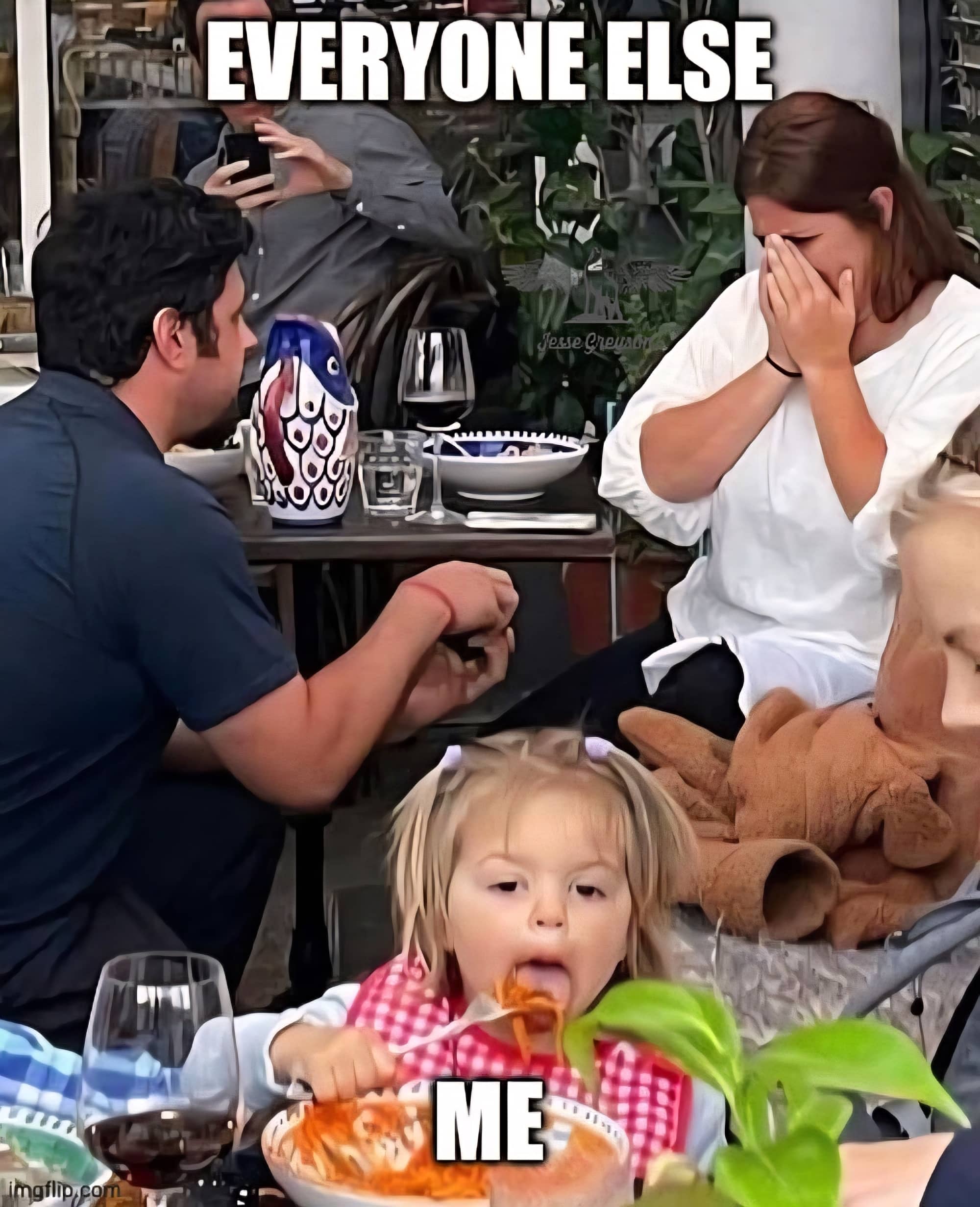A funny "everyone else vs me" meme featuring a proposal interrupted by a child eating spaghetti.