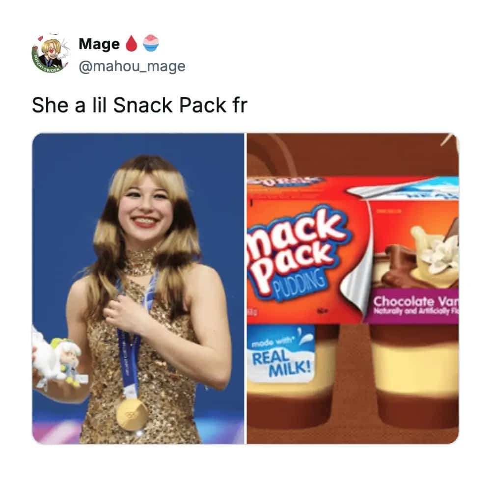 Comparison meme between a figure skater and Snack Pack pudding cups due to hair color.