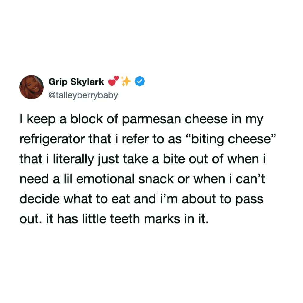 Funny text post describing a block of "biting cheese" kept in the fridge for emotional snacks.