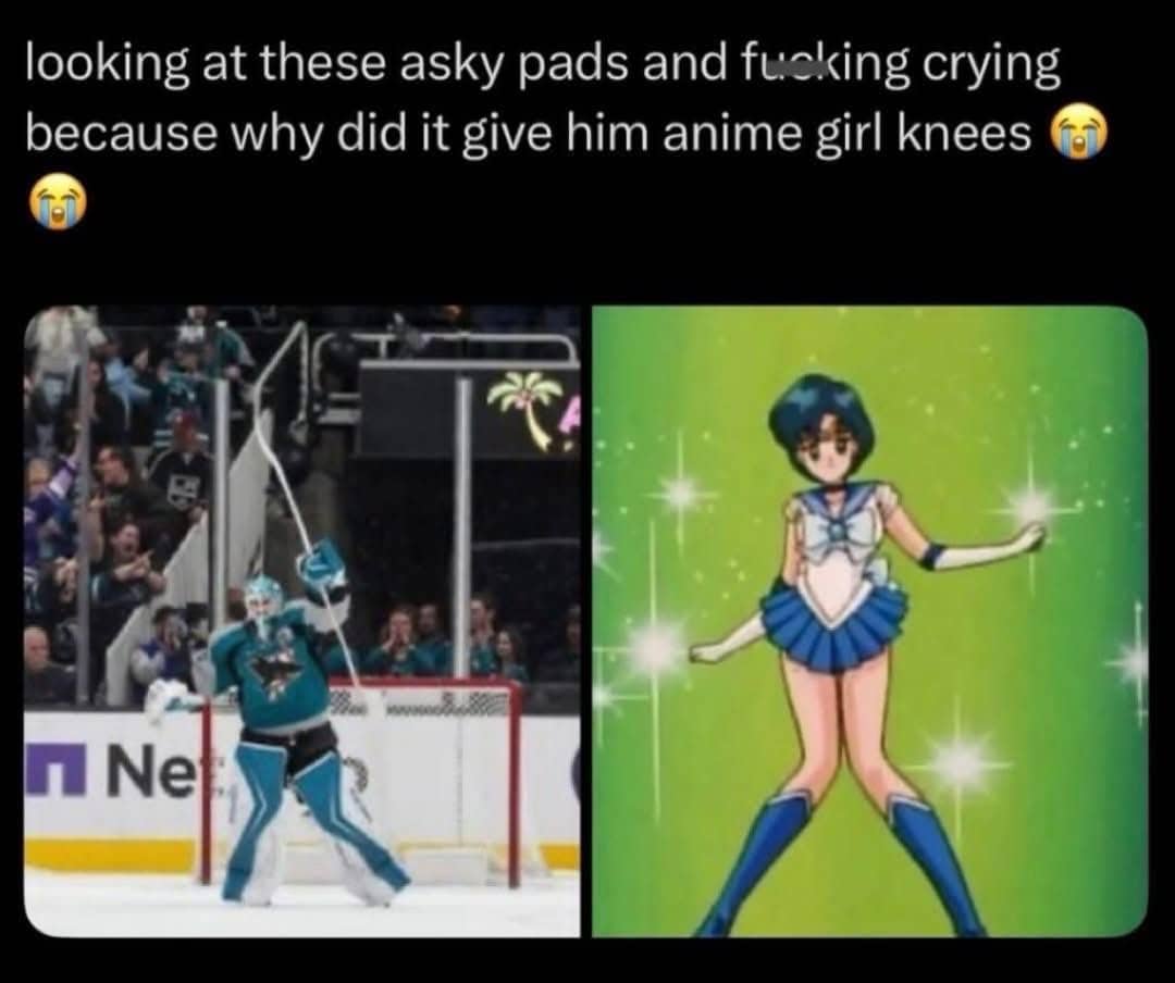 Hilarious side-by-side comparison of a hockey goalie's pads and Sailor Moon's anime girl knees.