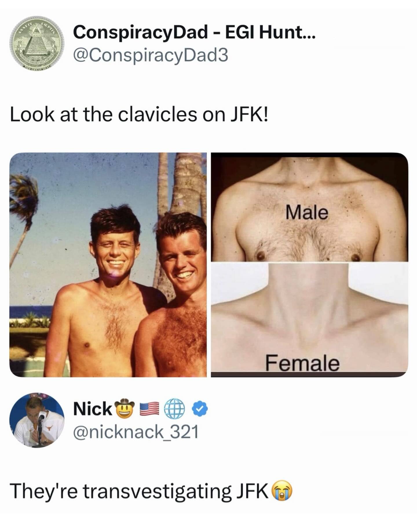 A conspiracy theory post comparing the collarbones of JFK to gender-specific skeletal diagrams.