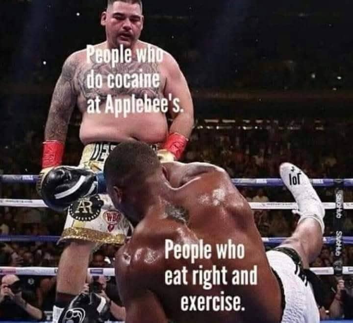 Boxing meme showing Andy Ruiz Jr. labeled as people who do drugs at Applebee’s defeating an athlete.