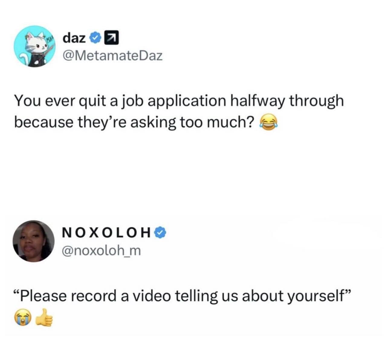 Twitter thread about quitting a job application because they asked for a video introduction.