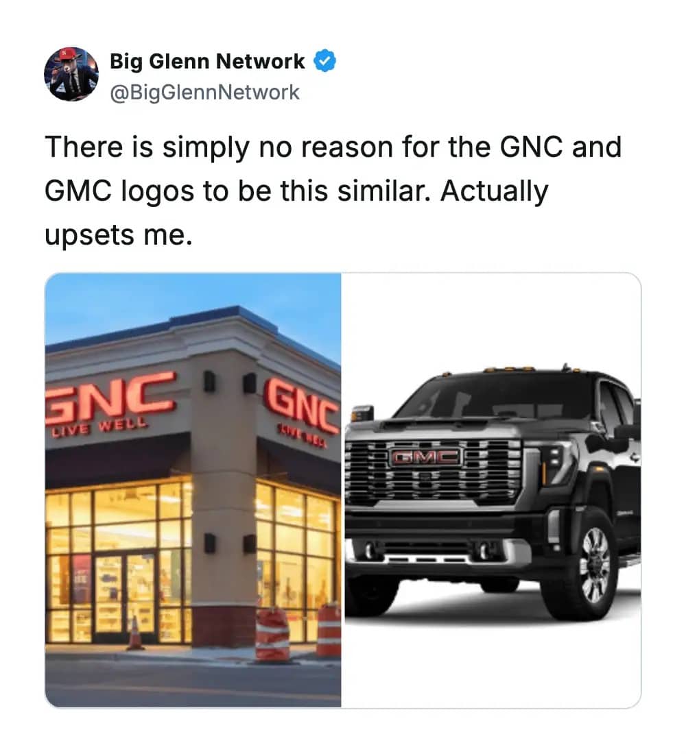 A funny side-by-side comparison of the GNC and GMC logos showing their confusingly similar red block lettering.