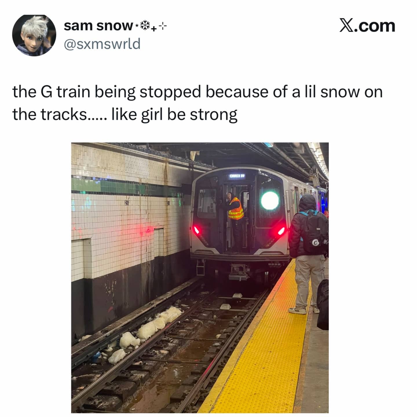 Funny Twitter post mocking the NYC G train for being delayed by a small amount of snow.