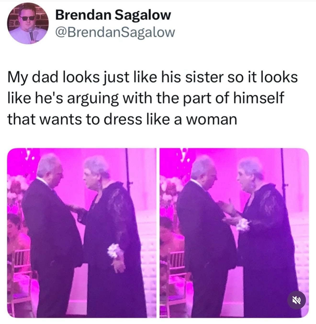 A man in a suit talking to a woman who looks exactly like him in a dress.