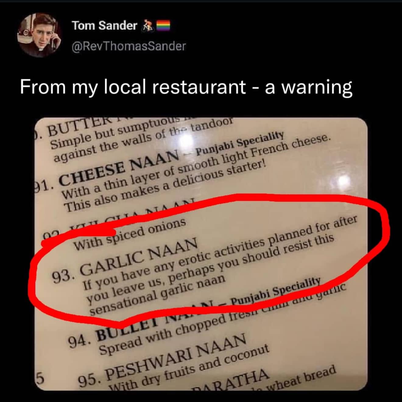 Funny picture of a restaurant menu warning against eating garlic naan before erotic activities.