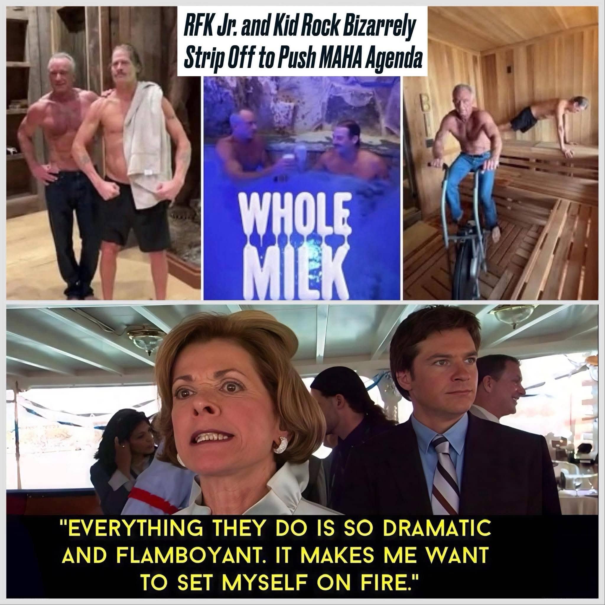 A political satire meme comparing public figures to an Arrested Development quote about dramatic and flamboyant behavior.
