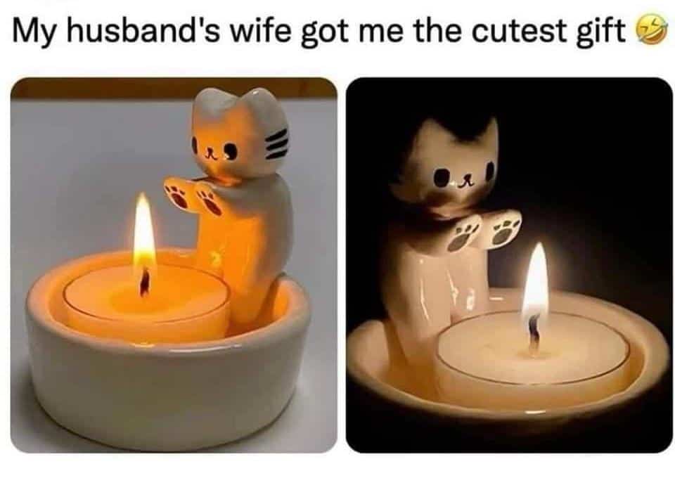 Two-panel image of a cute cat-shaped ceramic candle holder warming its paws over the flame.