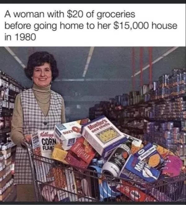 Nostalgic meme of a 1980s woman with a full grocery cart and low housing prices.