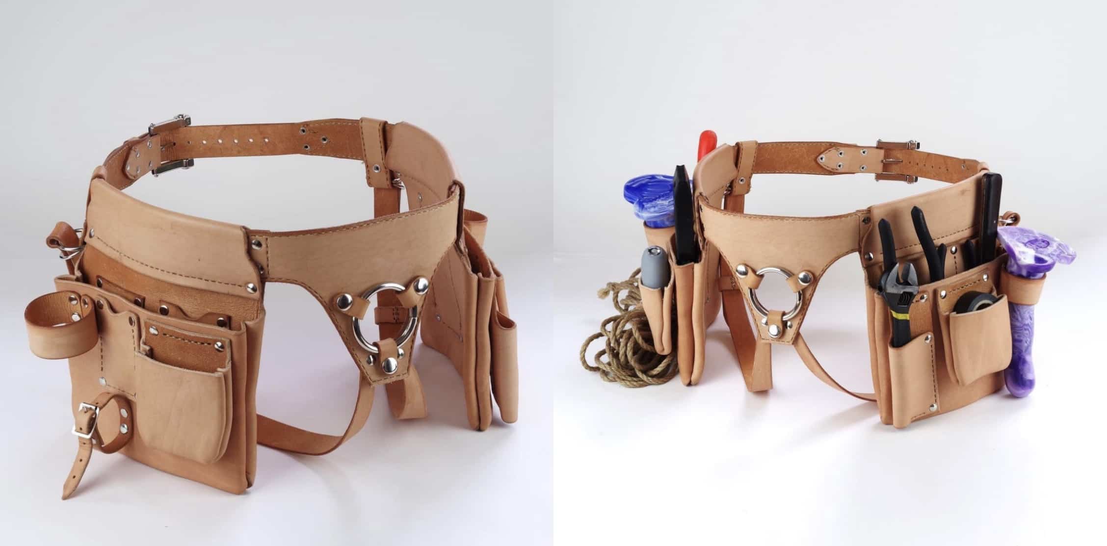 Product photos of a leather tool belt designed with a suggestive aesthetic featuring metal rings.