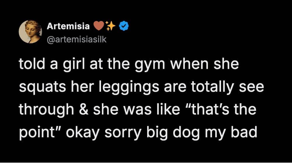 Humorous gym meme about a girl wearing see-through leggings and calling the narrator a big dog.