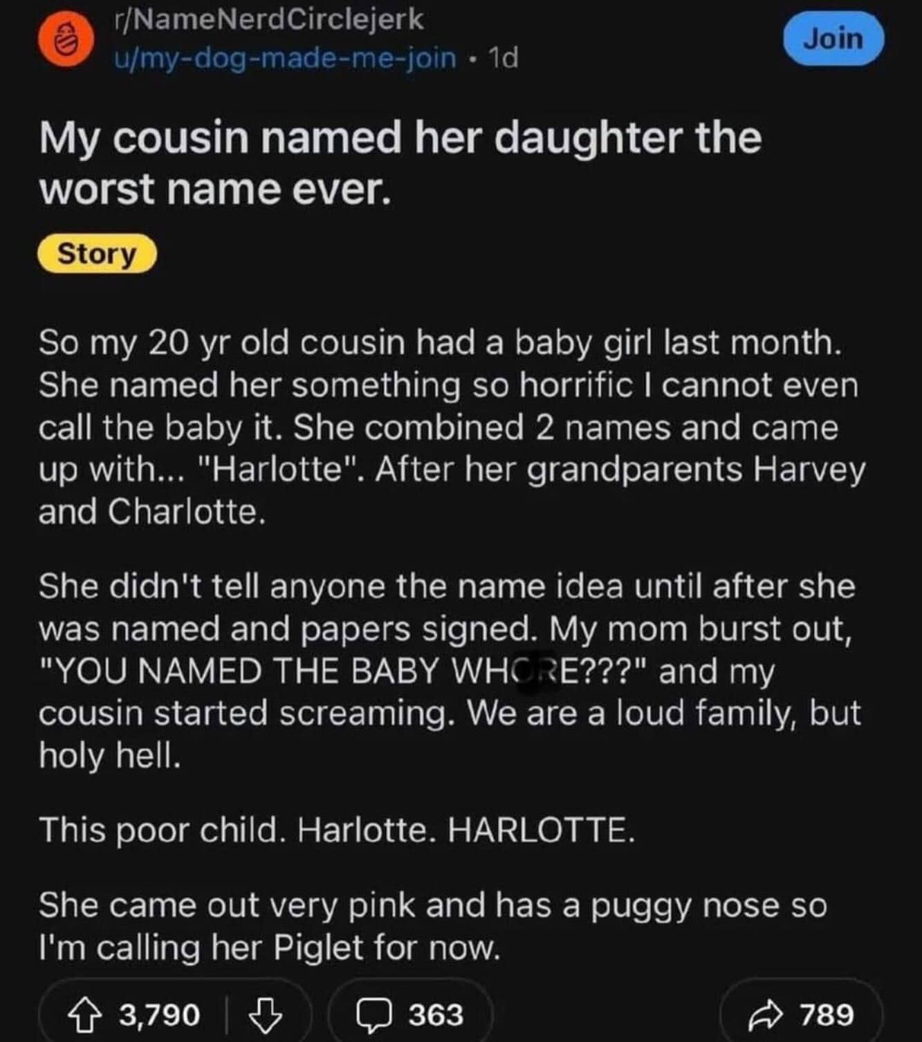 Reddit post from NameNerdCirclejerk detailing a cousin naming her baby daughter the unfortunate name Harlotte.