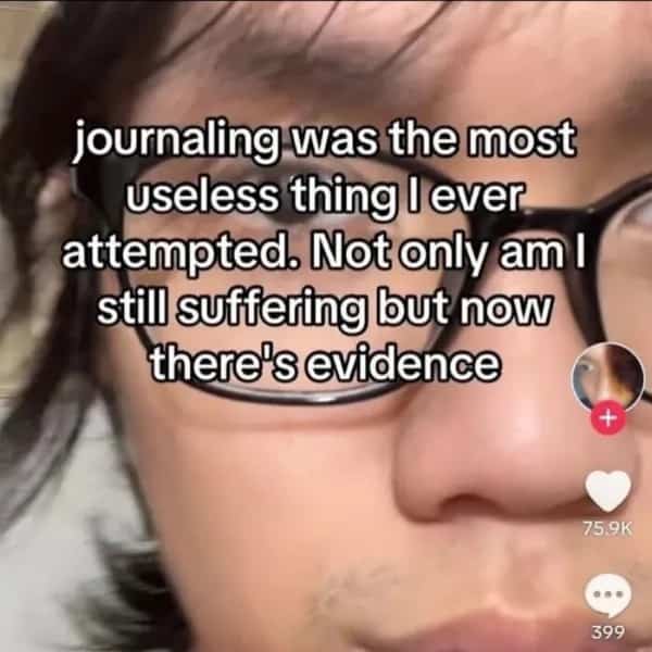 Close-up of a person with glasses and text describing journaling as providing evidence of their suffering.